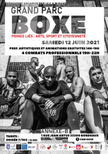 Affiche Poings liés 2021 : Art, Boxe et citoyenneté au Grand Parc à Bordeaux. Un événement de CAM Boxe, MC2a et leurs partenaires. 